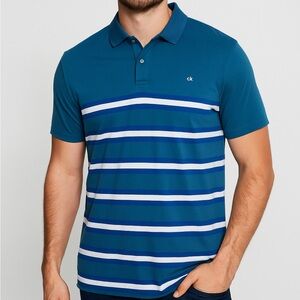 Calvin Klein Button Up Polo Shirt size XXL Blue Striped EUC Liquid Touch